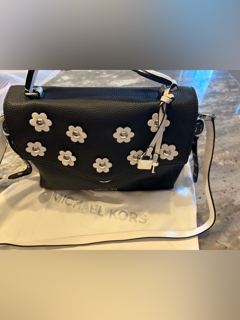 Michael Kors Floral Black and White Pebbled Leather Crossbody - Picture 4 of 14